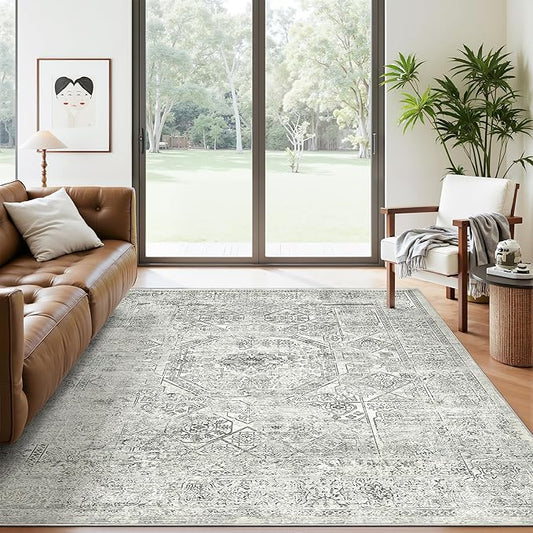 Soalmost 5x7 Area Rugs Grey Low Pile Indoor Washable Trendy Faded Style Floral Rugs for Bedroom Living Room Dining Room Foldable Non-Slip Thin Print Mat
