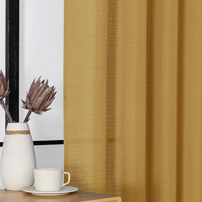 Chyhomenyc Gold Curtains 63 Inch Length 2 Panels, Faux Linen Textured Semi Sheer Light Filtering Soft Airy Rod Pocket Window Treatment Drapes for Living Room Bedroom, Each 40" Wx63 L