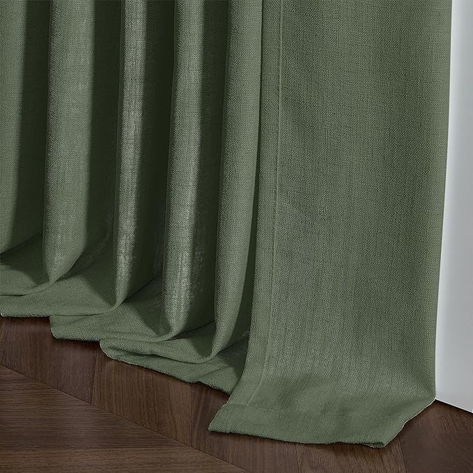 TWODRAPES Olive Green Linen Pinch Pleated Curtains 84 Inches Long 2 Panels for Living Room Bedroom Linen Pleated Hooks Rings Back Tab Light Filtering Loden Moss Green Farmhouse Drapes 84 Inch Length