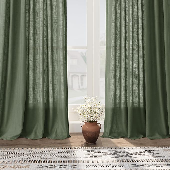 Nanspring Olive Green Linen Sheer Back Tab Curtains 45 Inch Length Semi Sheer Light Filtering Short Curtain Country Style Small Window Drapes for Bathroom/Kitchen/Kids Room 2Panels 40x45