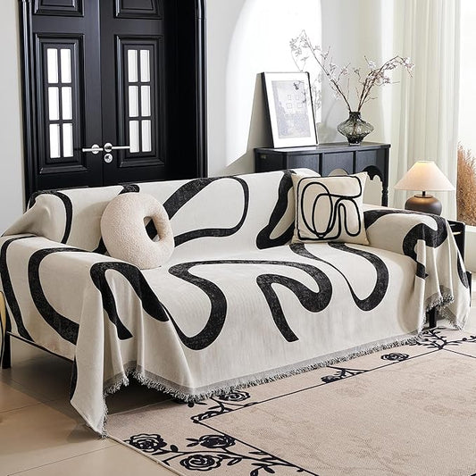MYSKY HOME Boho Couch Cover Super Soft Couch Covers for 2-3 Cushion Couch Sofa, Modern Black Jacquard Sofa Slipcover Loveseat Futon Cover, Couch Covers for Sectional Sofa, 71" x 134", Black Curve