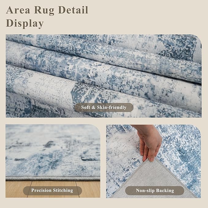 2x6 Washable Non-Slip Hallway Runner Rug – Modern Abstract Soft Carpet Runner for Kitchen, Bedroom with Rubber Backing – Low-Pile Thin Stain-Resistant Rug for Laundry Room, Entryway (Blue Grey)