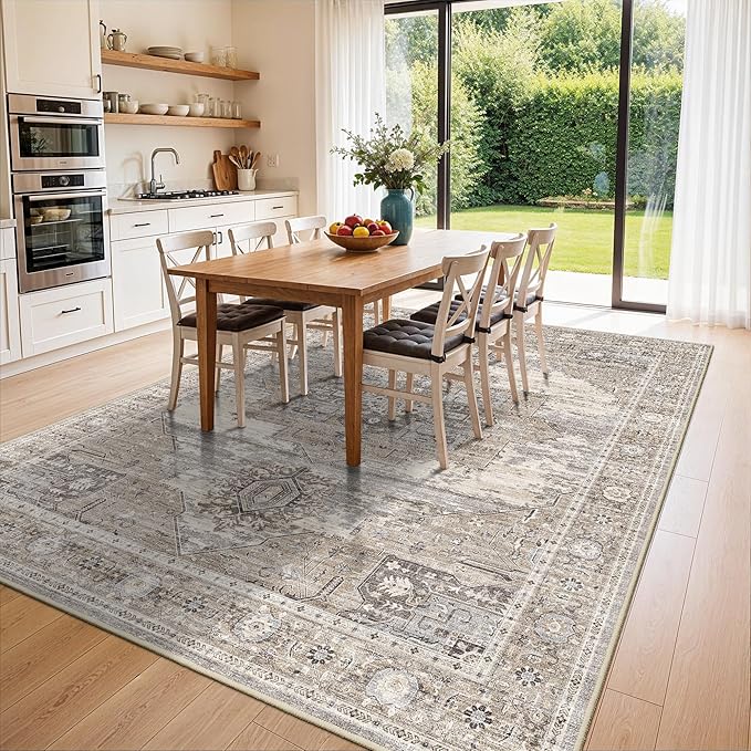 7x8 Area Rug for Living Room: Washable Ultra Thin Soft Rugs with Non-Slip Backing Oriental Easy Care Farmhouse Carpets for Bedroom Dining Room Home Office and High-Traffic Areas 7x8 Beige