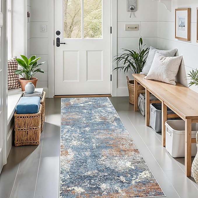 2x6 Non-Slip Washable Kitchen Runner Rug – Modern Abstract Carpet Runner for Hallway Bedroom Bathroom Laundry Room Entryway – Low-Pile Thin Rubber Backed（Blue Rust,2x6）