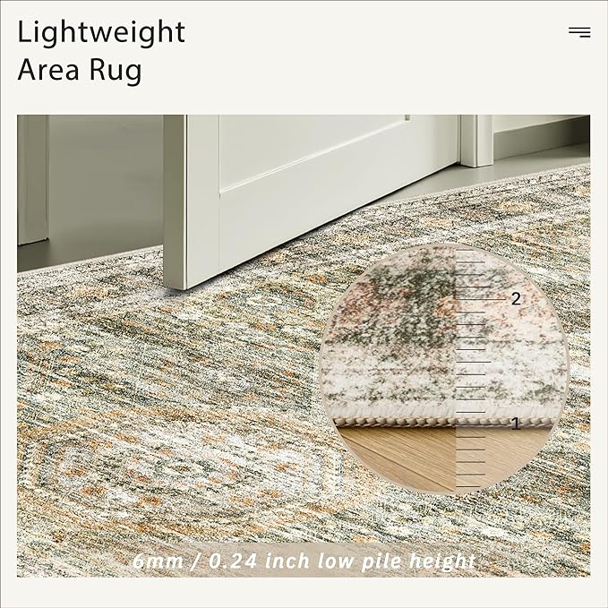 Soalmost 5x7 Area Rugs Green Orange Low Pile Indoor Washable Trendy Faded Style Rugs for Bedroom Living Room Dining Room Foldable Non-Slip Thin Print Mat