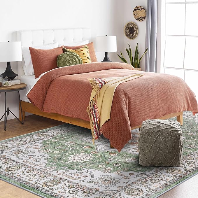 RUUGME Living Room 3x5 Area Rugs - Washable Lightweight Area Rug Stain Resistant Carpet Vintage Soft Rugs for Bedroom Kitchen with Non Slip Backing Home Decor Small Mat 3x5 Sage