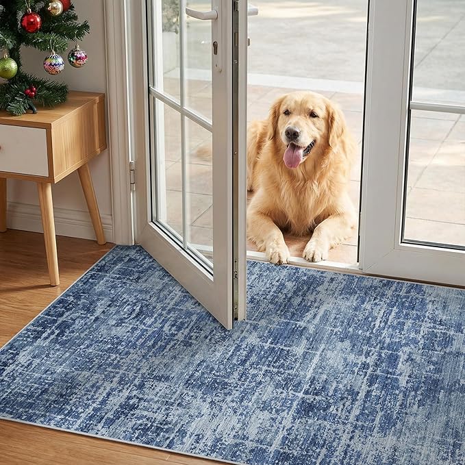 2x3 Washable Area Rug for Entryway - Small Abstract Neutral Kitchen Rug with Anti-Skid Rubber Backing Soft Low Pile Thin Carpet for Bedroom Bathroom Pet Feeding Zone (2x3, Blue)