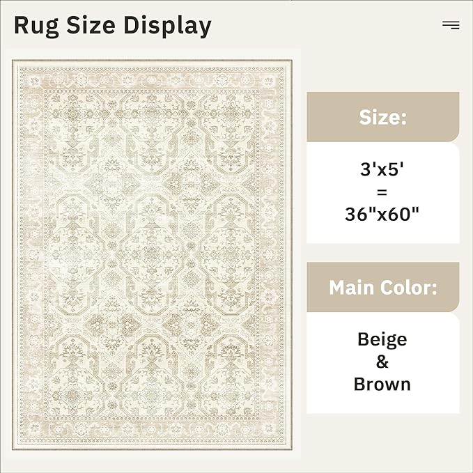 Soalmost 3x5 Rug, Small Area Rug for Kitchen, Entryway, Machine Washable Non-Slip Throw Rug, Vintage Carpet for Nursery Coffee Table Beige/Brown