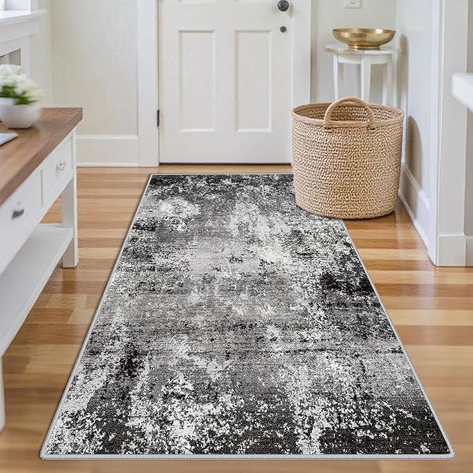 3x4 Washable Entryway Rug – Non-Slip Modern Abstract Small Area Rug for Kitchen, Bedroom, Bathroom – Soft Low-Pile Thin Indoor Door Mat（Black Grey, 3x4）
