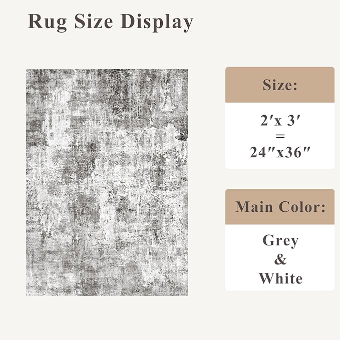 2x3 Washable Non-Slip Area Rug - Soft Low Pile Throw Rug for Kitchen Entryway Bedroom - Modern Indoor Door Mat with Rubber Backing (Grey, 2x3)