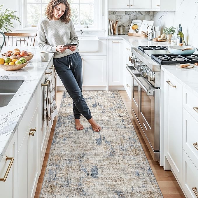 3x15 Ft Long Hallway Runner Rug - Non-Slip Washable Kitchen Runner Rug with Rubber Backing | Modern Abstract Wide Floor Carpet Runner for Indoor Entryway, Bedroom, Living Room（Blue Brown）