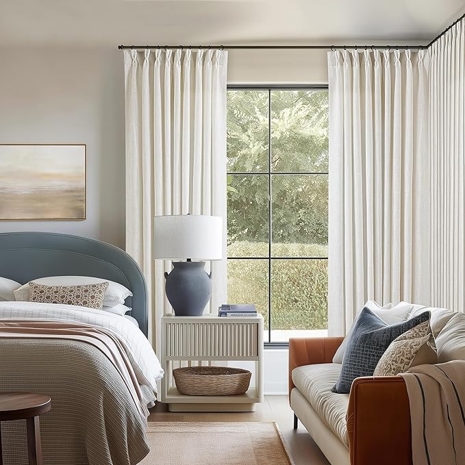 TWODRAPES Natural Pinch Pleated Linen Curtains 1 Panel for Living Room Bedroom Memory Training Shaped Semi Sheer Pleat Drapes with Hooks Rings Light Filtering Window Curtain 60x108