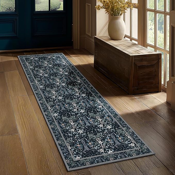 Joydeco Floral Washable Runner Rug for Kitchen, Forest Hallway Rug Runner 2x6 Non Slip, Boho Botanical Ultra-Thin Soft Indoor Floor Throw Carpet for Bathroom Entryway Foyer, Blue-Black