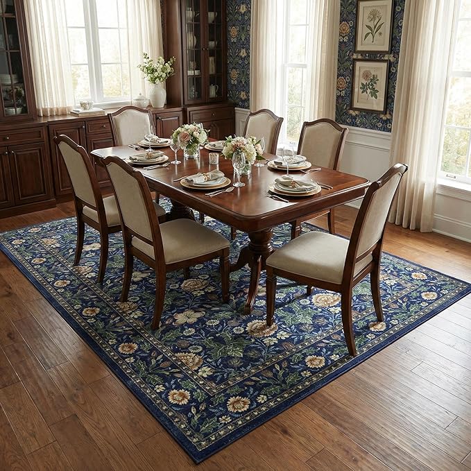 GarveeHome Washable Area Rug 6x9, Soft Vintage Floral Bedroom Rug Non Slip Low Pile Forest Green Carpet Stain Resistant Retro Navy Throw Rug for Bedside Kids Room Office Dining Room