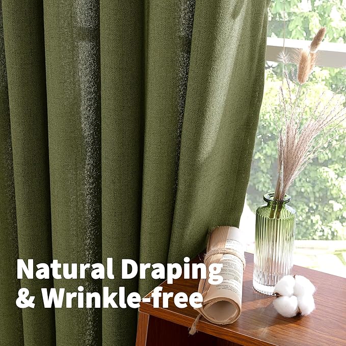 YoungsTex Olive Linen Curtains 90 Inch Length 2 Panels for Living Room, Dark Green Semi Sheer Drapes with Bronze Grommet Extre Long Window Treatments for Bedroom Dining, 52 X 90 Inch
