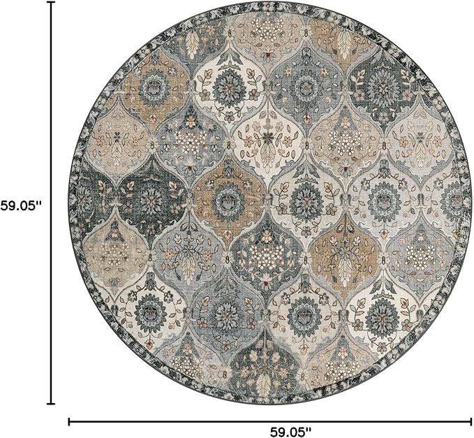 Lahome Moroccan Trellis Washable Circle Rug, Round Rug 5ft Soft Non-Slip, Non-Shedding Distressed Round Carpet for Bedroom Living Room Bathroom Nursery Kitchen Elise, Grey