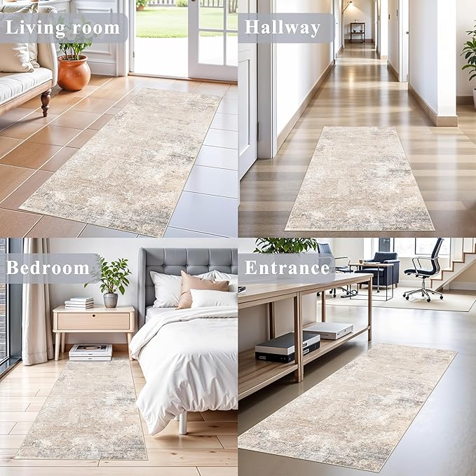 2x5 Washable Kitchen Rug Runner – Non-Slip Abstract Modern Neutral Small Rug for Bathroom, Hallway, Bedroom, Laundry Room, Entryway – Soft Low-Pile Thin with Rubber Backing (Beige Grey, 2x5)