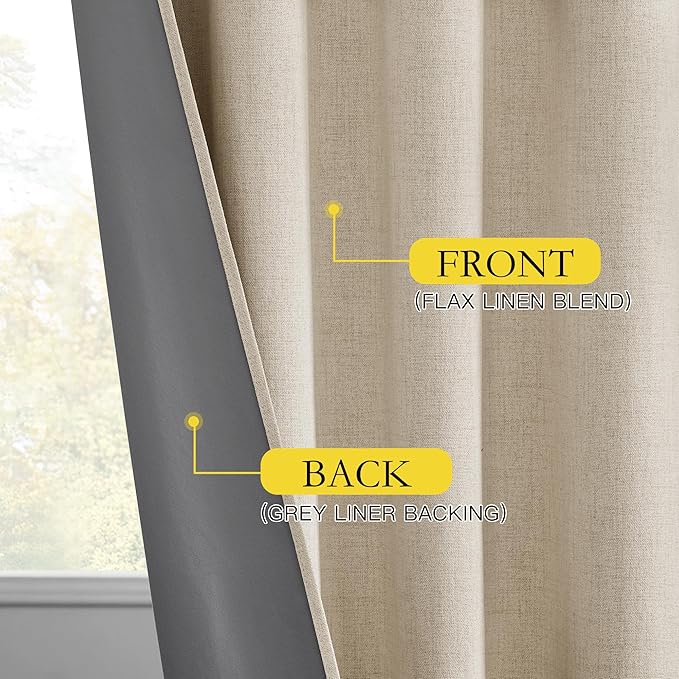 NICETOWN Cream Bedroom Full Blackout Linen Curtain Panels Set of 2, 52" by 72", Thick Insulated Classic Grommet Blackout Draperies with White Thermal Insulated Liner for Windows