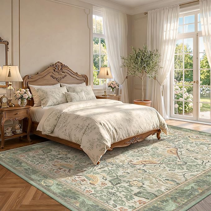 Hazo Haus Washable Floral Bird Rugs for Living Room - Sage Green 8x10 Area Rugs for Bedroom Under Bed, Dining Room Kitchen Table Rug for Under Table, Nature Botanical Decor, Stain Resistant Non-Slip