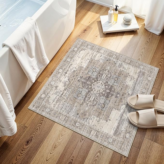 Washable Small 2x2 Rug Square - Boho Ultra Thin Soft Non Slip Rugs Multi-Use Stain Resistant Easy-Clean Carpets for High-Traffic Entryway, Kitchen, Pet Area, Bathroom & Dorm Decor 24x24 Beige