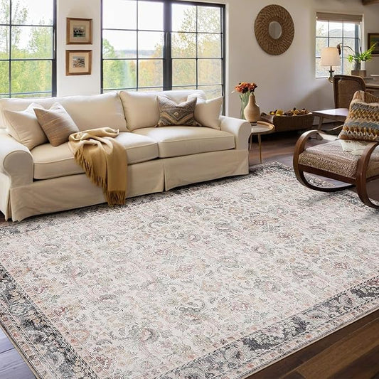 GarveeHome Washable Rugs 5x7 Vintage Floral Area Rugs for Living Room Bedroom, Ultra Soft Retro Accent Carpet, Non Slip Low Pile Floor Mats for Dining Room, Home Office Decor, Beige