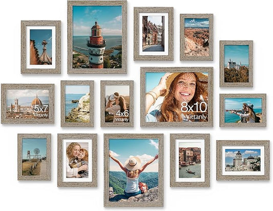 Vittanly 15 Pack Picture Frames Collage Wall Decor for Mounting or Tabletop Display, Gallery Frame Set for Family, Multi Sizes Including 3pcs 8x10, 6pcs 5x7, 6pcs 4x6, Grayish Brown