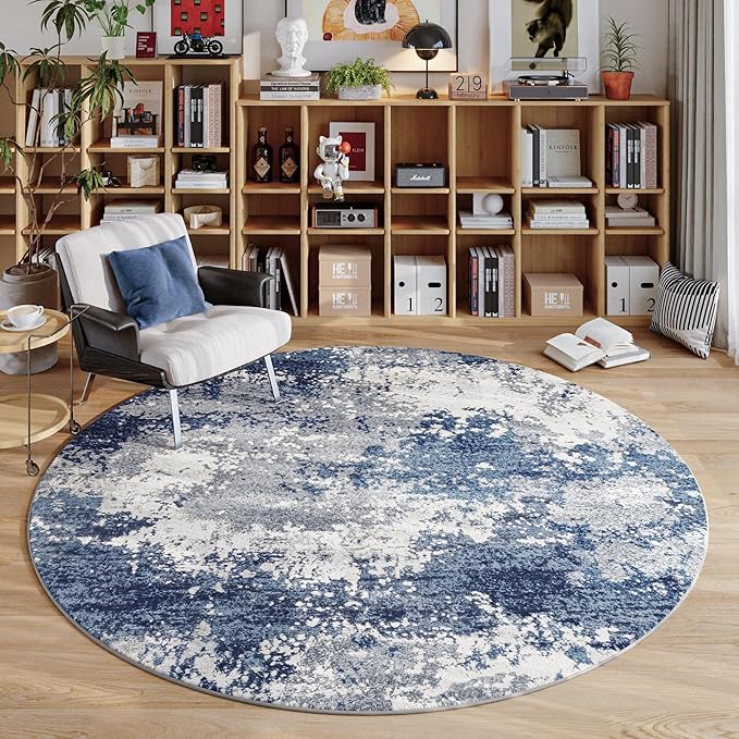 Blue Round Rugs 6ft Washable Circle Area Rug for Entryway Kitchen, Non Slip Soft Low Pile Stain Resistant, Boho Circular Carpet for Living Room Bedroom Dorm Dining Room Table, Abstract Navy