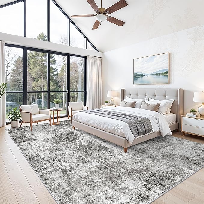 12x12ft Square Living Room Rug – Non-Slip Washable Extra Large Floor Carpet for Bedroom, Dining Room, Playroom Room – Modern Abstract Neutral Thin Low-Pile Big Indoor Rug (Grey)