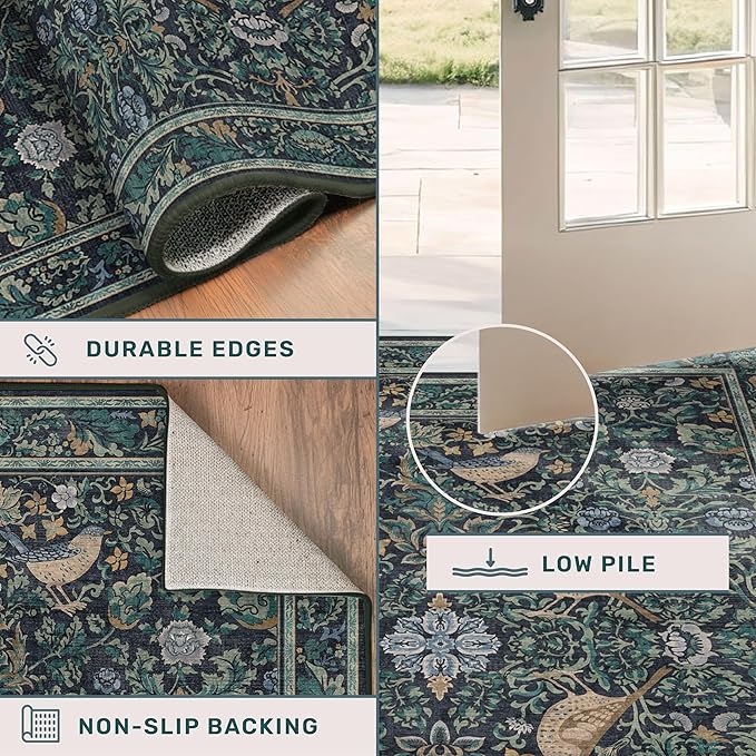 Moody Floral 6x9 Boho Living Room Rug - Washable Forest Bird Non-Slip & Low Pile Soft Carpet, Navy Blue & Deep Teal Area Rug for Dining Room Under Table, Bedroom