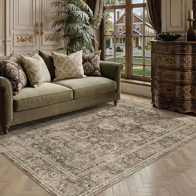 3x5 Washable Area Rug for Entryway Brown Vintage Non-Slip Low Pile Distressed Rustic Carpet Door Mat Soft Small Door Mat Small Throw Rug for Entrance