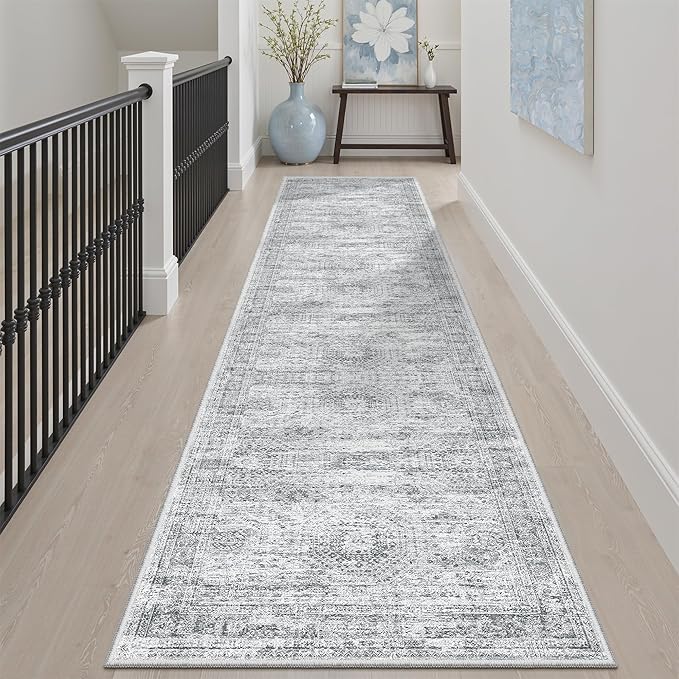 Soalmost Runner Rug 2'x8' Washable Non-Slip Runner Rugs for Kitchen Bathroom Laundry Room Grey Vintage Floor Carpet Runners for Hallway Entryway