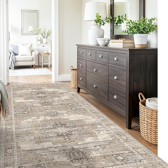 RUUGME 4x8 Hallway Runner Rug - Washable Vintage Soft Runners Stain Resistant Carpet Lightweight Ultra-Thin Rugs for Entryway Kitchen Bedroom with Non Slip Backing Home Decor 4x8 Beige