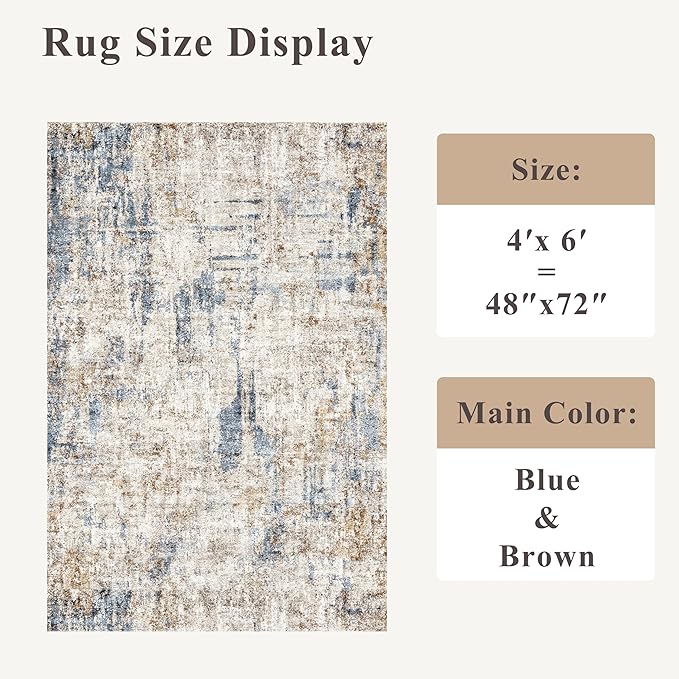 4x6 Washable Entryway Rug – Non-Slip Low-Pile Small Area Rug for Kitchen Bedroom Living Room Office – Modern Abstract Neutral Throw Carpet with Rubber Backing(Blue Brown)