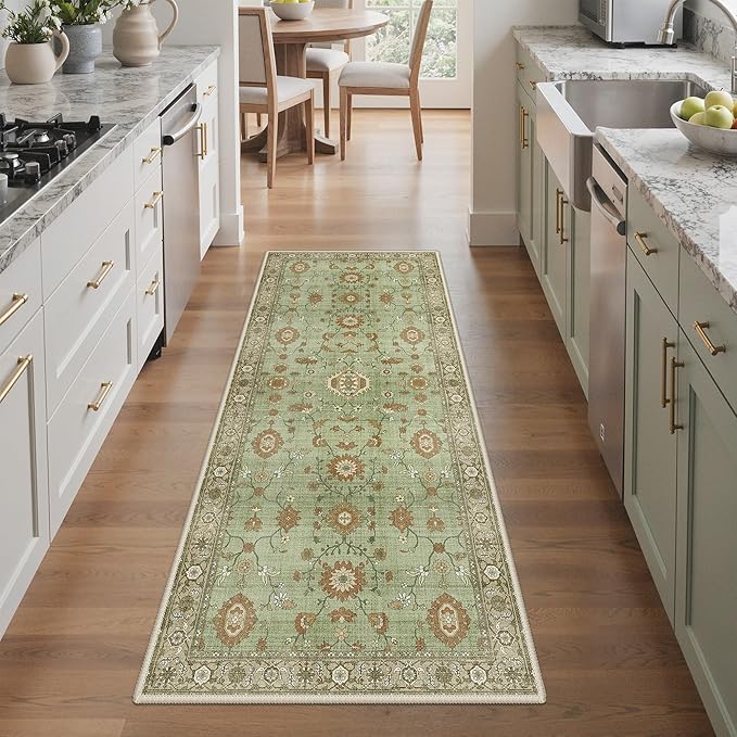 GENIMO Runner Rug for Hallways Machine Washable, 3x7 Non Slip Boho Vintage Lightweight Washable Runners, Thin Floor Rugs for Entryway Hallway Bathroom Laundry Room Corridor, Brick Sage