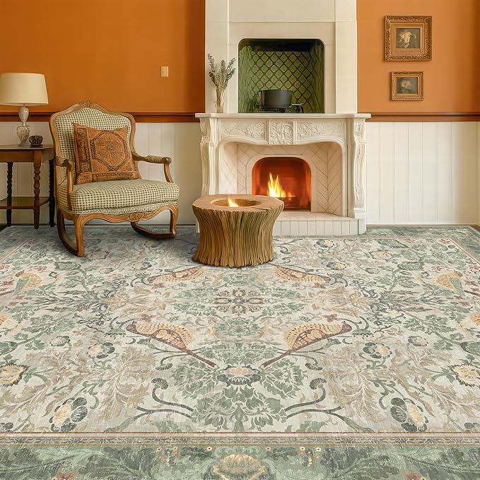 Hazo Haus Washable Living Room Rug 6x9 - Sage Floral Nature Area Rugs for Bedroom, Dining Room Kitchen Table Rug for Under Table, Office, Stain Resistant Non-Slip - Sage Green