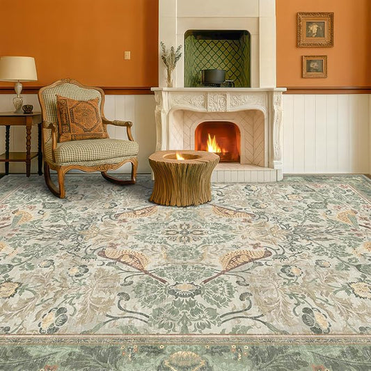 Hazo Haus Washable Area Rugs 5x8 for Bedroom - Sage Green Boho Rugs for Living Room, Dining Room, Home Office, Playroom, Light Green Botanical Bird Pattern, Non Slip Stain Resistant Low Pile