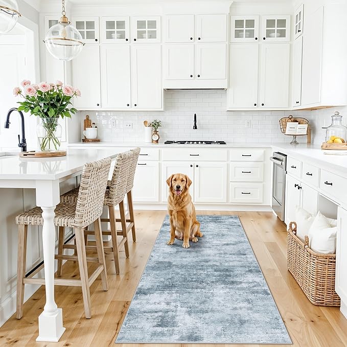 3x6 Washable Wide Runner Rug – Non-Slip Floor Carpet Runner for Kitchen Entryway Hallway Bathroom, Modern Abstract Low Pile Thin Area Rug (Blue Grey)