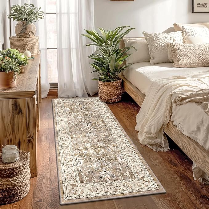LOKHOM Washable Runner Rug, 2x5 Non-Slip Vintage Hallway Runner Rug with Rubber Backing, Boho Floral Soft Kitchen Rug Distressed Carpet Runner for Kitchen Laundry Entryway (Beige Brown)