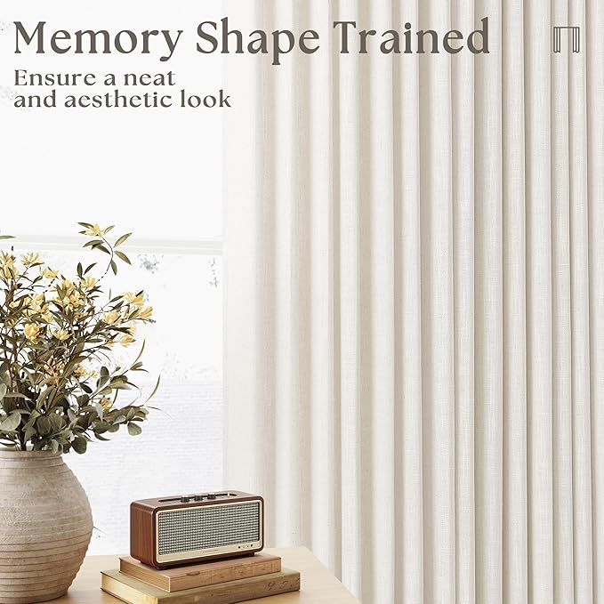 Natural Pinch Pleated Linen Curtains 2 Panels 63 Inch Length for Dining Living Room Memory Training Shaped Cream Birch Semi Sheer Short Pleat Drapes with Hooks Rings Bedroom Window Curtain 40x63