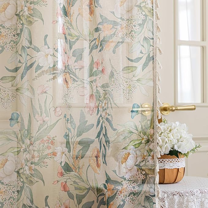 Floral Sheer Curtains 72 inch Long, Fringed Edges and Textured Semi Sheer Curtains Large Window Treatments for Living Room/Bedroom, 2 Panels