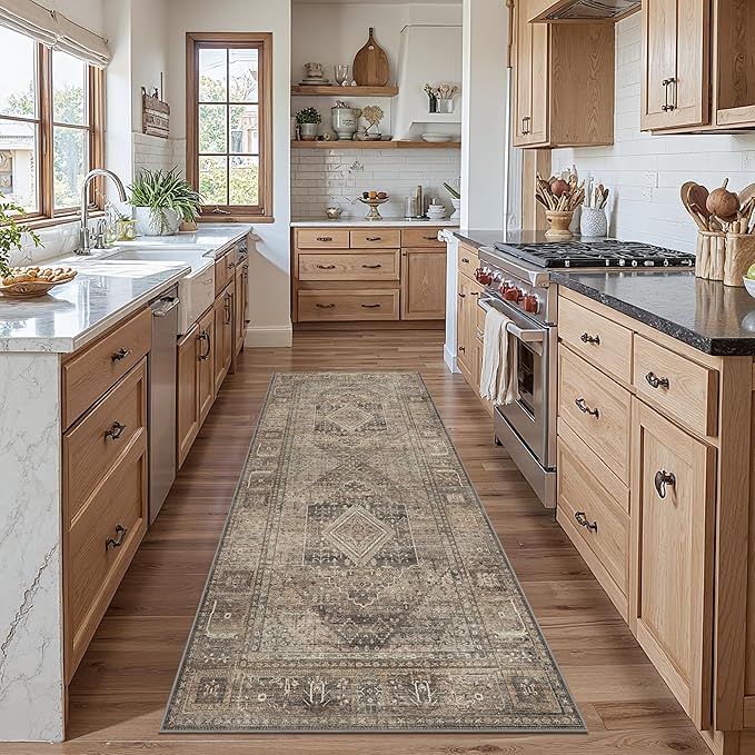 GENIMO Runner Rug for Hallways Machine Washable, 2x7 Non Slip Boho Vintage Lightweight Washable Runners, Thin Floor Rugs for Entryway Hallway Bathroom Laundry Room Corridor, Rustic Tan