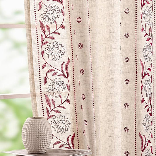 jinchan Red Floral Linen Curtains for Bedroom 84 Inches Length Holiday Curtain Embroidered Bordered Curtains for Living Room Farmhouse Decor Light Filtering Window Treatments Red on Beige 2 Panels