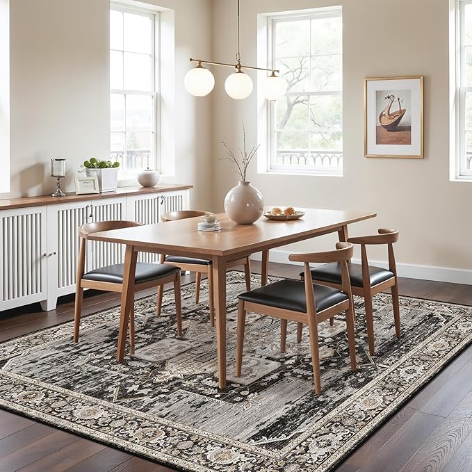 RUUGME Dining Room Rugs for Under Table - Washable Living Room Area Rug Stain Resistant Carpet Vintage Lightweight Ultra-Thin Rugs for Bedroom Kitchen with Non Slip Backing Home Decor 6x6 Black