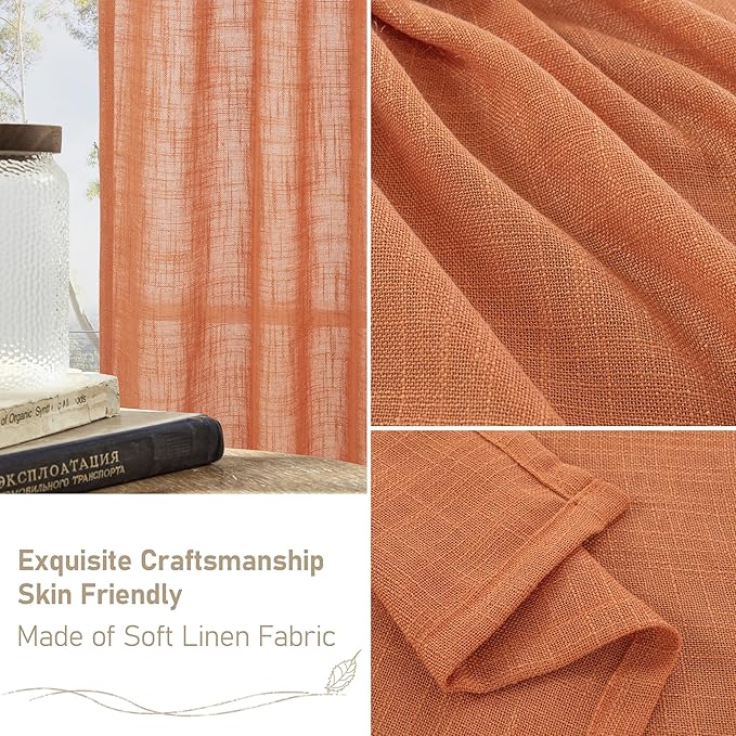 LAMIT Burnt Orange Semi Sheer Window Linen Curtains 63 Inch Length, Light Filtering Panels Back Tab and Rod Pocket Country Decor Drapes for Bedroom/Living Room, 2 Panels, 34 x 63 Inch