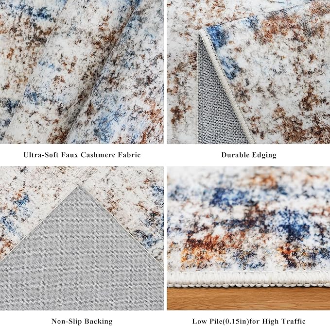 8x8 Square Area Rug Living Room – Non-Slip Washable Large Floor Carpet for Bedroom Dining Room Playroom Room – Modern Abstract Neutral Thin Low-Pile Big Indoor Rug (Blue Brown)