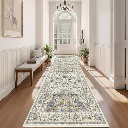 3x10 Non Slip Hallway Runner Rug - Washable Vintage Distressed Kitchen Carpet, Ultra-Thin Soft Low Pile Entryway Mat with Rubber Backing for Bedroom Living Room (Beige/Blue)