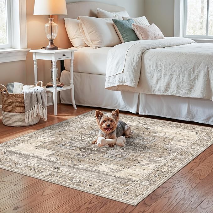 RUUGME Decorative 4x4 Rugs Square - Soft Area Rugs for Living Room Stain Resistant Vintage Ultra Thin Rugs for Bedroom Kitchen entryway with Non Slip Backing Home Decor 4x4 Beige