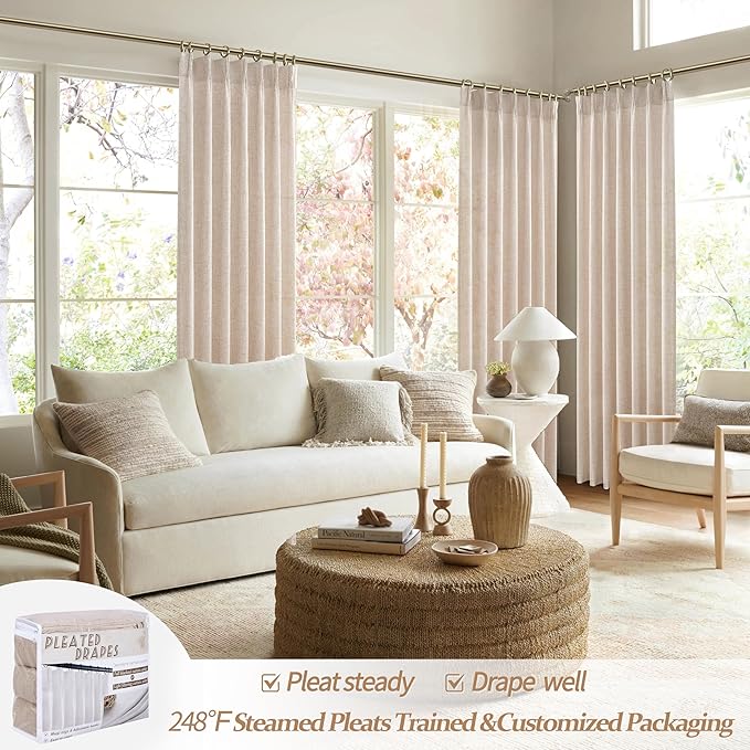 PleatedDrapes Modern Farmhouse Style Light Filtering Curtains for Living Room/bedroom, Country Rustic Oatmeal Beige Brown Curtains 108 Inches Long Flax Linen Pinch Pleated Sheer Canvas Muslin 2 Panels