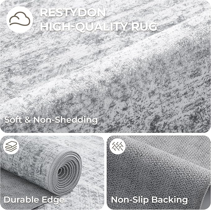 3x14 Washable Runner Rug for Hallway, Non-Slip Long Hallway Runner for Entryway, Soft Vintage Kitchen Mats for Floor, Abstract Dining Room, Bedroom, Living Room Rugs(3'x14', Grey/Ivory)