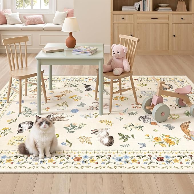 Soalmost Cat 3x5 Area Rugs for Entryway, Machine Washable Animal Floral Accent Rug Non-Slip Low Pile Soft Throw Rugs for Kitchen Bedside Living Room Bedroom Kids Room (3 x 5,Beige)